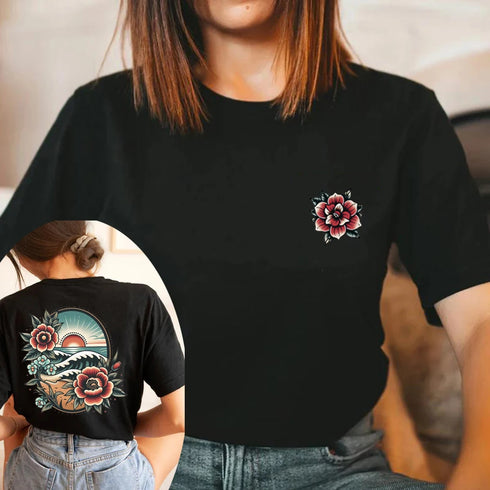 Women's Floral Beach Sunset T Shirt Short Sleeve Vacation Top for Summer Beach Lover Casual Wear